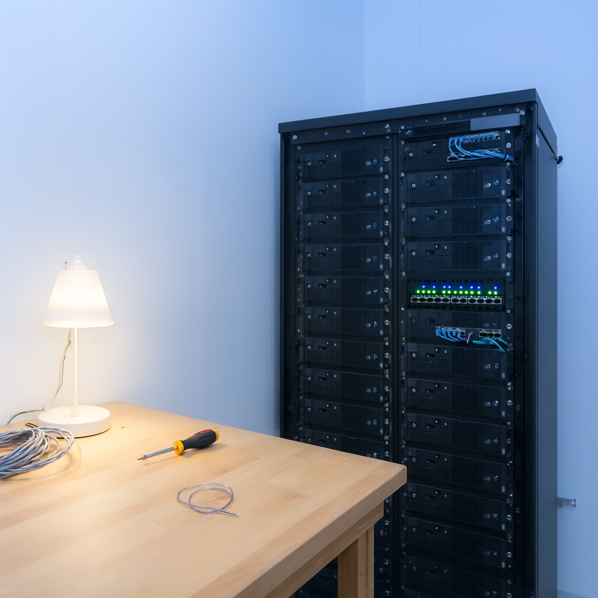 Serverraum mit Rack-Servern und Kabeln