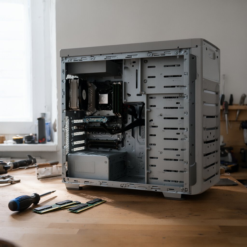 Hardware-Testbank: offener PC mit Werkzeug am Werkstatttisch